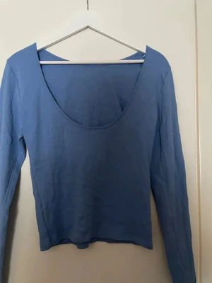 Ljusblå ribbad långärmad topp - Säljer en ljusblå långärmad topp med öppen rygg och ribbad struktur. Toppen har en enkel, slim passform och är perfekt att styla med jeans eller kjol. Materialet känns mjukt och stretchigt, troligen bomull eller en bomullsblandning.