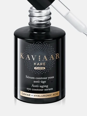 KAVAAR Kare anti-age serum - Lyxigt anti-age serum från KAVAAR Kare Paris med kaviar och hyaluronsyra. Svart glasflaska med pipett, elegant guld- och vit text. Finns för både ögonkontur och hals/dekolletage. Perfekt för dig som vill boosta huden med exklusiva ingredienser. Säljes antingen tillsammans för 1600:- eller var för sig för 930:- styck.