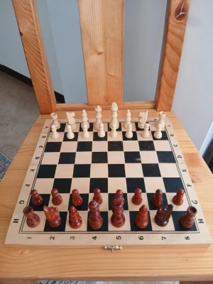 Schackspel i trä med bräda - Säljer ett schackspel med bräda och pjäser i trä. Pjäserna är bruna och ljusa, och har filt på undersidan för att skydda brädan. Brädan är fyrkantig med svartvita rutor och bokstäver längs kanterna. Perfekt för dig som gillar strategi och klassiska spel.