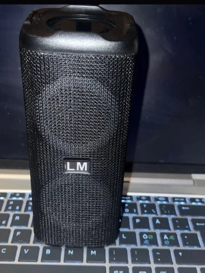 Svart trådlös högtalare från LM - Stilren svart trådlös högtalare från LM med rektangulär form och tygklädd front. Perfekt för att ta med sig överallt tack vare den kompakta designen. Högtalaren har tydliga knappar på ovansidan och robusta plastdetaljer.