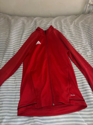Röd Adidas träningsjacka med dragkedja - Snygg röd träningsjacka från Adidas med hel dragkedja framtill och vita loggan på bröstet. Tillverkad i lätt och funktionellt material med Climalite-teknologi som transporterar bort fukt. Perfekt för träning eller uppvärmning. (Passar 164 oxå)