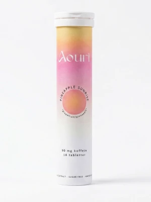 Aouri Pineapple Sunrise koffeintabletter - Rör med 18 koffeintabletter från Aouri i smaken Pineapple Sunrise, med smak av grapefrukt och ananas. Sockerfri och med 90 mg koffein per tablett.