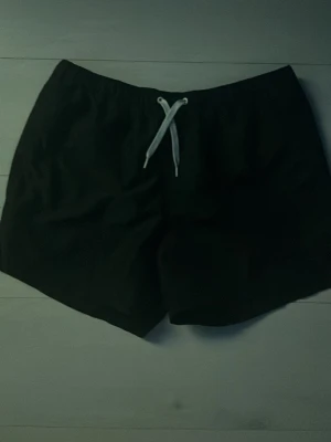 Svarta shorts med snörning - Säljer ett par svarta shorts med vit snörning i midjan. De har en enkel och avslappnad passform, perfekta för varma dagar. Materialet känns lätt och bekvämt, och designen är stilren utan extra detaljer.