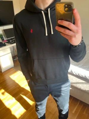 Svart hoodie från Ralph Lauren - Snygg svart hoodie från Ralph Lauren med vit dragsko i huvan och klassiska röda loggan broderad på bröstet. Passar till allt och är i jättefint skick. Fraktas snabbt och hör gärna av er vid minsta funderingar!!😊