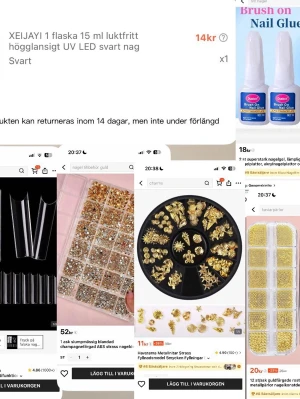 Nagel tillbehör  -  Säljer dessa nagel tillbehör på grund av att jag råkade köpa två i min beställning . Det består av nageltippar, olika nagelberlocker, två nagellim och ett svart gellack.