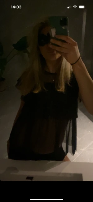 Svart glittrig blus från Missäy - Säljer en svart glittrig blus från Missäy med volangdetaljer och transparent mesh. Super snygg festtopp! I storlek xs/s. Använd fåtal ggr.