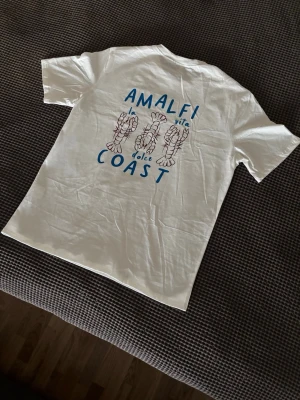 Snygg vit T-shirt - Vit t-shirt med blått tryck och illustrationer av räkor på både fram och baksida. Skön passform och klassisk rund hals. Perfekt för dig som gillar stilrena plagg med en twist och vill sticka ut lite extra. Helt ny och skickas inom en vecka!