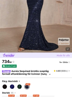 Marinblå glittrig långklänning - Snygg marinblå långklänning med paljetter som ger ett riktigt glittrigt intryck. Klänningen är ärmlös och har en figurnära passform med svepande kjol. Perfekt för bal eller fest där du vill sticka ut.