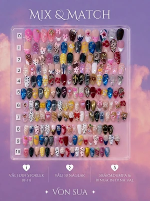 Mix & Match; Medium Almond - Mix & Match – skapa ditt egna set 💜  Välj 10 naglar och bygg ditt egna unika press-on set.  Så här gör du:  1. Kolla först vilken storlek du behöver: 0–11. 2. Välj 10 naglar från bilden. 3. Skärmdumpa bilden och ringa in/markera de naglar du vill ha. 4. Skicka bilden till mig, så sätter jag ihop ditt set.  Alla naglar är handgjorda av mig och kan mixas fritt efter din egen stil. Perfekt om du vill ha något mer personligt eller om du behöver extra naglar till tidigare set.