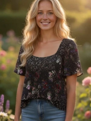 NY & oanvänd mörkgrå + flerfärgad blommig topp från Garden Collection. Strlk: XS - NY och oanvänd mörkgrå (Nästan svart) + flerfärgad blommig urringad feminin topp med volang+vida ärmar, från H&M's 'Garden Collection'. Finns inte att hitta i butik sedan flera år. Storlek: XS/34. Material: Mjuk ekologisk bomull. Felfri. Modellen visar ungefär hur den ser ut på.