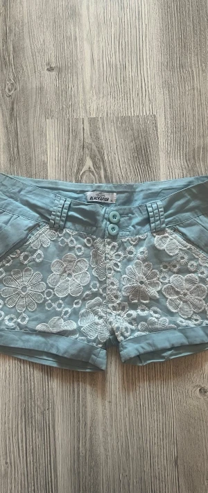 Blå shorts med broderade blommor - Snygga ljusblå shorts från Blackfish med vita broderade blommor framtill. Shortsen har två knappar, dragkedjor vid fickorna och uppvikta benslut. Perfekta för sommarens alla äventyr! (Står är de är storlek XL men egentligen M)