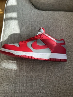 Nike Dunk Low röd ( Kommer med box ) - Nike Dunk Low sneakers i rött och grått med klassisk Swoosh på sidan. Skon har en låg silhuett, röda snören och vit mellansula. Ovandelen är i läder och mesh för en clean och sportig look. Perfekt för dig som gillar streetwear och sneakers med retrovibbar.