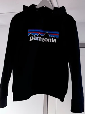 Svart Patagonia hoodie - Säljer en svart hoodie från Patagonia med det klassiska logotrycket i vitt, blått, lila och orange på bröstet. Hoodien har huva med dragsko och långa ärmar. 