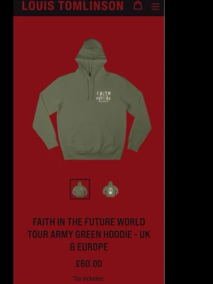 Armygrön Faith In The Future hoodie - Armygrön hoodie från Louis Tomlinsons Faith In The Future World Tour. Tryck på bröstet med texten 'FAITH IN THE FUTURE WORLD TOUR'. Pris kan diskuteras 