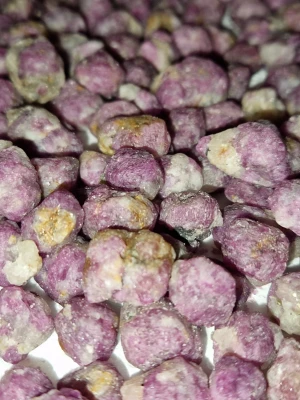 Råa rubinstenar i små kluster Afghanistan 500ct  - 500ct Säljer ett gäng råa rubinstenar i små kluster, perfekt för dig som vill skapa egna smycken eller dekorera. Stenarna har en naturlig lila-röd färg med inslag av vitt och gult, och är oregelbundet formade. Materialet är äkta rubin.