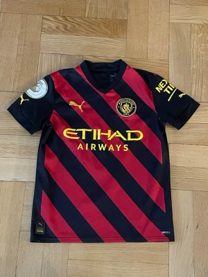 Manchester City bortatröja Haaland - Snygg Manchester City bortatröja från Puma med Haaland och nummer 9 på ryggen. Tröjan är svart med röda diagonala ränder och gula detaljer, samt klubbmärke och sponsortryck på bröstet. Tillverkad i lätt och funktionellt material, perfekt för fotbollsträning eller match. Köptes 2023 men har inte riktig använt så mycket, köpte från själva man city hemsidan som fraktades från England hit.