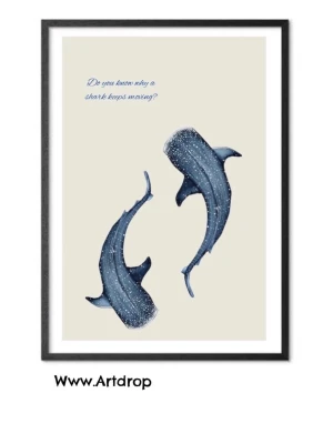 Poster med valhajar från Artdrop - Snygg poster med två blå valhajar mot beige bakgrund och texten 'Do you know why a shark keeps moving?' i blått. Trycket har vita prickdetaljer på hajarna och levereras i svart ram. Perfekt som väggkonst för havsälskare.