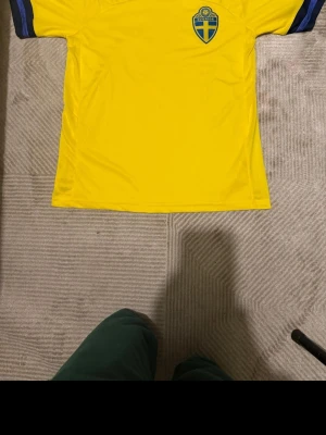 Svensk landslagströja gul/blå S - Gul fotbollströja med blå detaljer och Sveriges landslagsemblem på bröstet. Tröjan har korta ärmar och V-ringad hals i blått. Tillverkad i lätt och ventilerande material, perfekt för träning eller match.