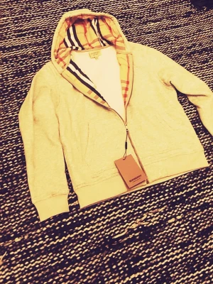 Grå hoodie från Burberry med huva - Snygg grå hoodie från Burberry med dragkedja och klassiskt rutigt foder i huvan. Hoodien har ribbade muddar, fickor framtill och en stilren look. Perfekt för dig som vill ha något både bekvämt och trendigt. Materialet känns mjukt och kvalitativt.