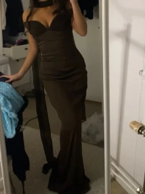 Mörkbrun långklänning med meshdetaljer - Säljer en elegant mörkbrun långklänning med figurnära passform och meshdetaljer vid hals och axlar. Klänningen har en markerad byst, smala axelband och en lång, svepande kjol. Perfekt för dig som vill sticka ut med en unik och stilren look. Pris kan diskuteras💕