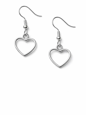 Silverfärgade hjärtörhängen i stål - Säljer ett par stilrena örhängen i form av öppna hjärtan. De är silverfärgade och tillverkade i rostfritt stål, vilket gör dem både snygga och tåliga. Perfekta för dig som gillar minimalistisk design och vill ha något enkelt men ändå gulligt.