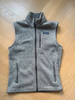 Grå fleeceväst från Patagonia - Stilren grå fleeceväst från Patagonia med hög krage och hel dragkedja framtill. Västen har två sidofickor med dragkedja och en bröstficka med logga. Perfekt för lager på lager och enkel att matcha.