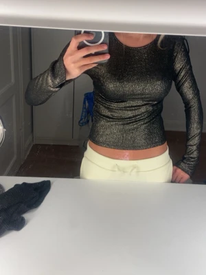 Glittrig långärmad topp - Snygg glittrig topp i mörk guld med lång ärm och tight passform. Perfekt för dig som vill sticka ut lite extra. Materialet känns stretchigt och följsamt. Rund halsringning och croppad längd.