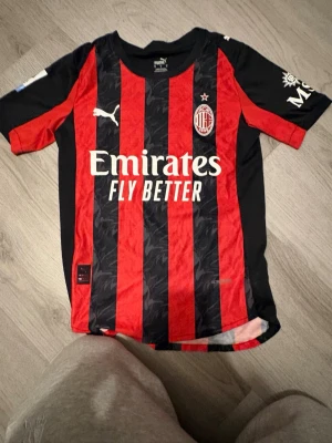 AC Milan matchtröja Ronaldinho Puma - Snygg AC Milan matchtröja från Puma med Ronaldinho och nummer 80 på ryggen. Tröjan har klassiska röda och svarta ränder, klubbmärke på bröstet och sponsortryck. Tillverkad i lätt och ventilerande material, perfekt för fotboll eller streetwear.