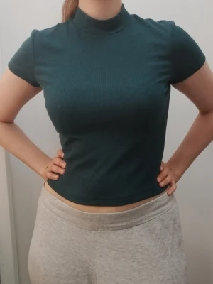 Mörkgrön ribbad polotopp - Säljer en mörkgrön ribbad polotopp  med korta ärmar och croppad passform. Toppen har en hög krage och är tillverkad i mjukt material som sitter snyggt på kroppen. Perfekt för dig som gillar stilrena och enkla plagg. Kolla gärna mina andra annonser <3.