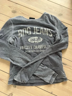 Grå långärmad t-shirt från BDG - Grå långärmad t-shirt från BDG Urban Outfitters med tryck på framsidan där det står 'BDG JEANS Varsity Champions'. Skön passform och casual stil, perfekt till jeans eller shorts.