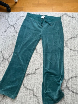 Gröna velourmjukisbyxor med dragsko - Säljer ett par gröna mjukisbyxor i mjuk velour med bred resår i midjan och dragsko. Byxorna har raka ben och en avslappnad passform, perfekta för chill dagar. Passar dig som gillar en skön och trendig stil. L passar även M