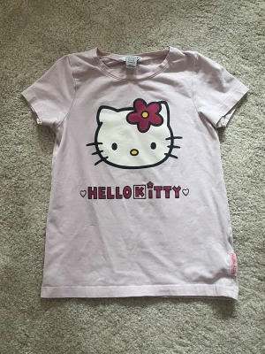 Hello Kitty rosa t-shirt från H&M - Supersöt rosa t-shirt från H&M med stort Hello Kitty-tryck framtill. Tillverkad i mjuk bomull som är skön att ha på sig. Den har några små rosa prickar som jag inte lyckas få bort, och är lite sliten på en del av trycket, men det är väldigt små defekter som jag inte märkte förräns nu när jag ska sälja. 