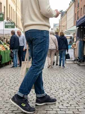 Mörkblå Skechers sneakers mesh - Säljer ett par mörkblå Skechers sneakers med mesh-ovandel och gröna detaljer på sidan och hälen. Skorna har vita sulor och klassisk snörning. Perfekta för dig som vill ha bekväma och snygga sneakers till vardags. Lätta och ventilerande material.