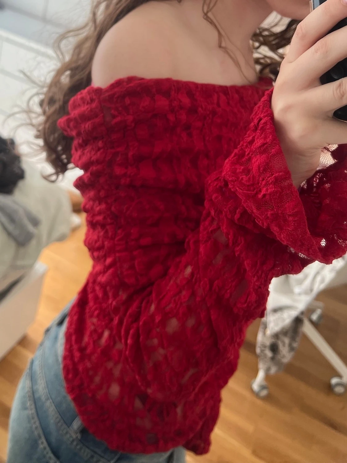 Röd offshoulder mesh topp - 1