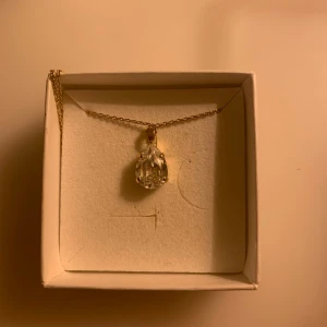 Petite Drop Necklace Crystal Caroline Svedbom - Ett elegant halsband med en droppformad klar kristall hängande i en tunn guldfärgad kedja från Caroline Svedbom. Kristallen är infattad i en enkel men stilren hållare som ger ett lyxigt intryck. Perfekt för dig som gillar minimalistiska och glittriga accessoarer. Halsbandet har använts en gång och är som helt ny. 