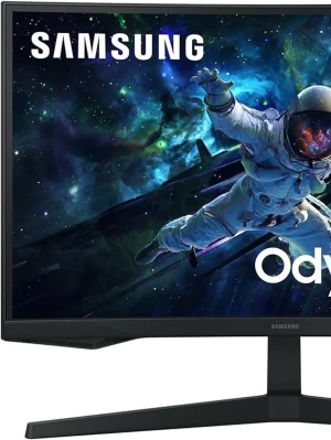 Samsung Odyssey G5 27" gaming-skärm - Säljer en Samsung Odyssey G5 27-tums gaming-skärm med tunn ram och svart mattsvart finish. Skärmen har en futuristisk design med stabil fot och är perfekt för gaming eller film. Panelen är böjd för en mer uppslukande upplevelse. Den är inte så använd och den är i bra skick 