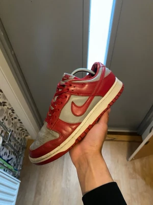 Nike Dunk Low röd/grå sneaker - Nike Dunk Low sneakers i rött och grått läder med klassisk Swoosh på sidan. Lågt skaft, vita och röda detaljer samt perforerad tåbox för extra ventilation. Perfekt för dig som gillar retrostil och streetwear. Har skador bak men inget man känner
