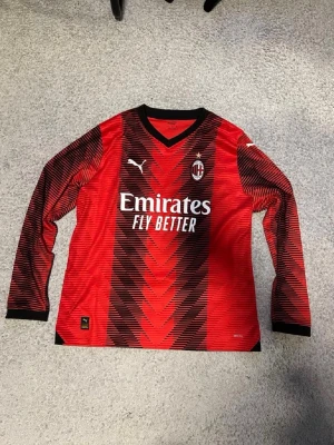 AC Milan långärmad matchtröja Puma - Röd och svart långärmad AC Milan matchtröja från Puma med V-ringning. Tröjan har klubbmärke och sponsortryck på bröstet samt svart mönster längs ärmar och framsida. Tillverkad i funktionsmaterial som andas, perfekt för fotbollsträning.
