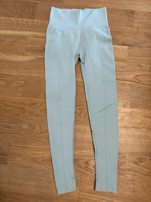 Ljusblå leggings med hög midja - Säljer ett par ljusblå leggings med hög midja och texturerat tyg. De är tighta och har en sömlös design som ger en snygg siluett. Perfekta för träning eller chill dagar. Materialet är stretchigt och bekvämt.