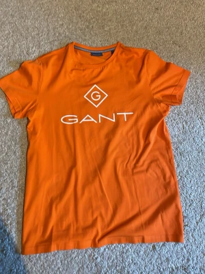 Orange GANT t-shirt med logga - Snygg orange t-shirt från GANT med vit logotyp på bröstet. Klassisk rund halsringning och korta ärmar. Perfekt för dig som vill ha en enkel men stilren look. Materialet är mjuk bomull som känns skönt mot huden.
