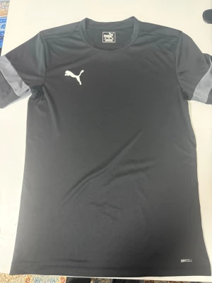 Svart tränings-tshirt från Puma - Snygg svart tränings-tshirt från Puma med vitt logotryck på bröstet och grå detaljer på ärmarna. Tillverkad i funktionsmaterialet DryCell som transporterar bort fukt, perfekt för träning och sportaktiviteter. Klassisk rund hals och korta ärmar.
