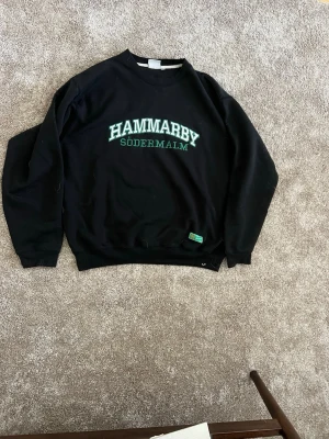 Svart Hammarby crewneck sweatshirt - Svart crewneck sweatshirt med Hammarby Södermalm-tryck i vitt och grönt på bröstet. Klassisk passform med rund halsringning och ribbade muddar. Perfekt för dig som vill visa ditt stöd för Hammarby med stil.