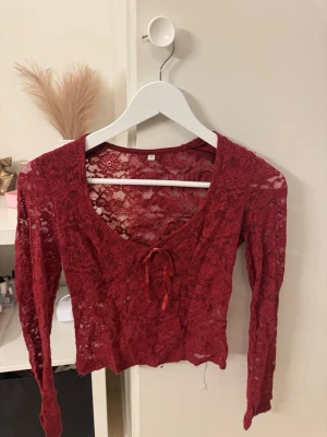Vinröd spetsblus med knyt - Vinröd, croppad spetsblus med v-ringning och dekorativt knyt framtill. Blusen har långa ärmar och är genombruten i ett blommigt spetsmönster. 