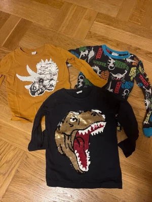 Långärmade t-shirts 110 och 110/116 -  svart långärmad t-shirt med en stor T-rex i paljetter på framsidan. Motivet är i guld, vitt och rött och ger en riktigt unik look. Perfekt för dig som gillar dinosaurier och vill sticka ut lite extra. Senapsgul långärmad t-shirt med en stor triceratops på i paljett. Båda från lindex strl 110 och en dinosaurie långärmad t-shirt från polarn och pyret strl 110/116. Rök- och djurfritt hem. Tvättare parfymfritt utan sköljmedel.