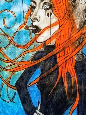 Udda och färgstark orginal målning i akryl  - Unik tavla med en kvinnlig karaktär i svart dräkt och långt, flödande orange hår där en katt sitter och röker en cigg gömd i kvinnans hår. Även hon röker en cigarett mot en blå himmel med moln i bakgrund. Perfekt som en cool och orginell tavla i hemmet. Materialet är papper och färgerna är starkt orange, svart och blå.