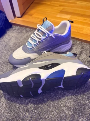 Dior B22 sneakers i grått och vitt - Säljer ett par Dior B22 sneakers i grått, vitt och blått. Skorna har chunky sula, mesh- och läderdetaljer samt vita snören. Snygg och modern design med tydlig Dior-logga på sidan. Perfekta för dig som gillar exklusiva och trendiga sneakers. Några små minimal fläckar på sulan som varit där senn jag fick dem