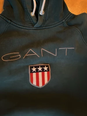 Mörkgrön hoodie från GANT - Snygg mörkgrönhoodie från GANT med broderad logga och sköld med stjärnor och ränder på bröstet. Klassisk känguruficka framtill och vit dragsko i huvan. Perfekt för en avslappnad och sportig stil.