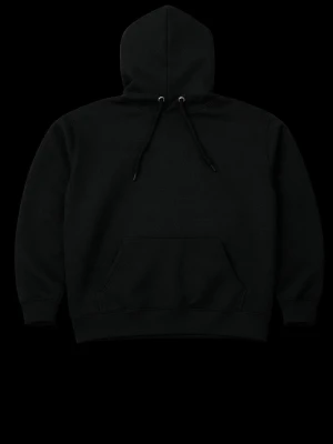 Svart basic hoodie med huva - En stilren svart hoodie med klassisk huva och dragsnören. Hoodien har en stor magficka framtill och ribbade muddar vid ärmar och nederkant. Perfekt för en avslappnad och enkel look. Materialet ser ut att vara mjuk bomullsblandning.