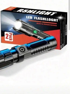 LED ficklampa 1-pack - Säljer ett 1-pack LED ficklampor från RSNLIGHT med inbyggt litiumbatteri. Ficklamporna är svarta med blå detaljer och har en modern, robust design. Perfekt för utomhusbruk, camping eller promenader i mörkret. Laddas enkelt och ger starkt ljus.