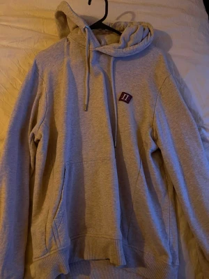 Grå hoodie med lila detalj - Säljer en grå hoodie med huva och dragsnören. På bröstet sitter en lila patch med romerska siffran II i vitt. Hoodien har en stor magficka och ribbade muddar vid ärmslut och nederkant. Perfekt för en chill och avslappnad stil.